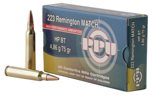 Ammunition TR&Z USA Trading Corp. 1232 ft lbs 223Rem PPU PPM2232     223          75 HPBT MATCH   20/50 • Model: 1232 ft lbs